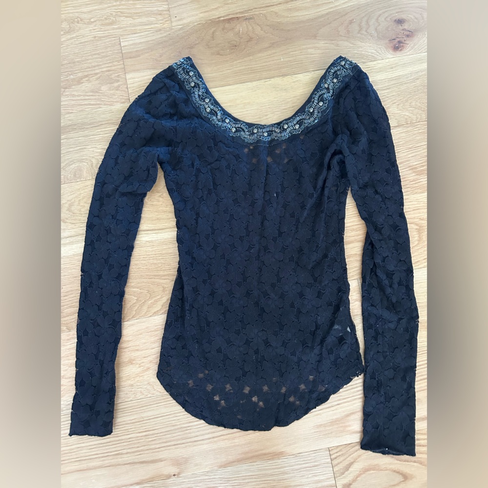 Free People Black Lace with Beaded Trim Top Shirt XS Extra Small